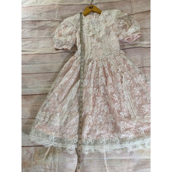 Vintage 80's Jessica McClintock Blush Pink Lace Short Sleeve Youth Dress - 8 - Picture 5 of 13